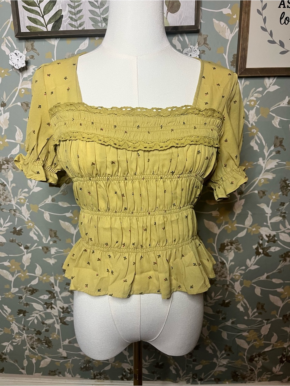 Free People Chartreuse Smocked Square-Neck Peplum Blouse - Size XS